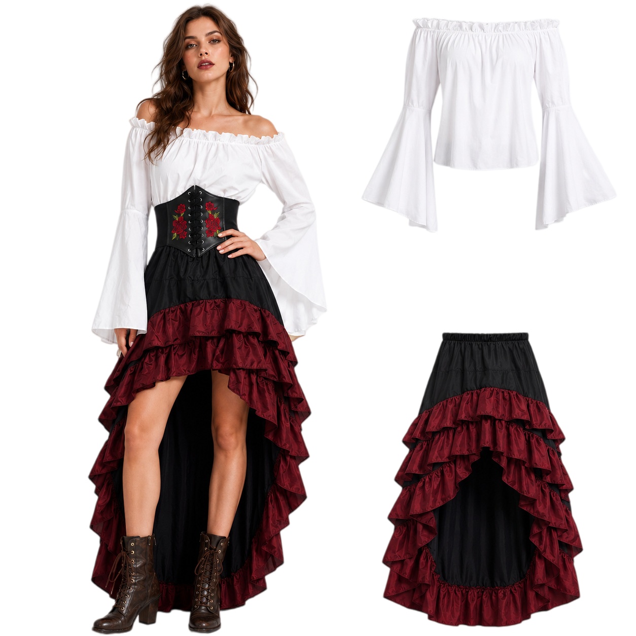 3Pcs Medieval Pirate Costume - Elizabeth Rose Embroidery Corset Ruffled Outfit